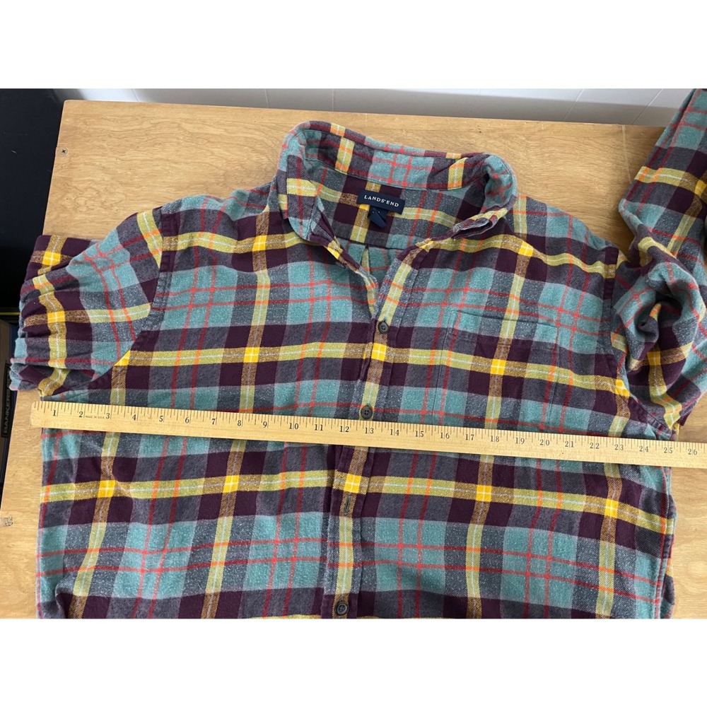 Lands End Mens XL Flannel Shirt Plaid Teal Burgundy Traditional Fit Cotton - Picture 5 of 7